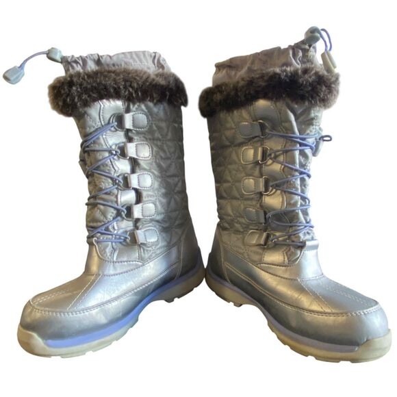 Lands End Snowflake Tall Silver Insulated Snow Boots Lined Faux Fur Girls Size 1 - Picture 5 of 9
